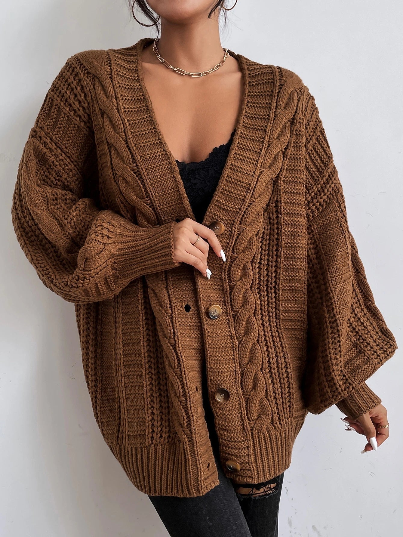 Women's Oversized Cable Knit Cardigan Sweater Brown Acrylic Button Front Long Sleeve — Image 5