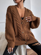 Women's Oversized Cable Knit Cardigan Sweater Brown Acrylic Button Front Long Sleeve — Image 6