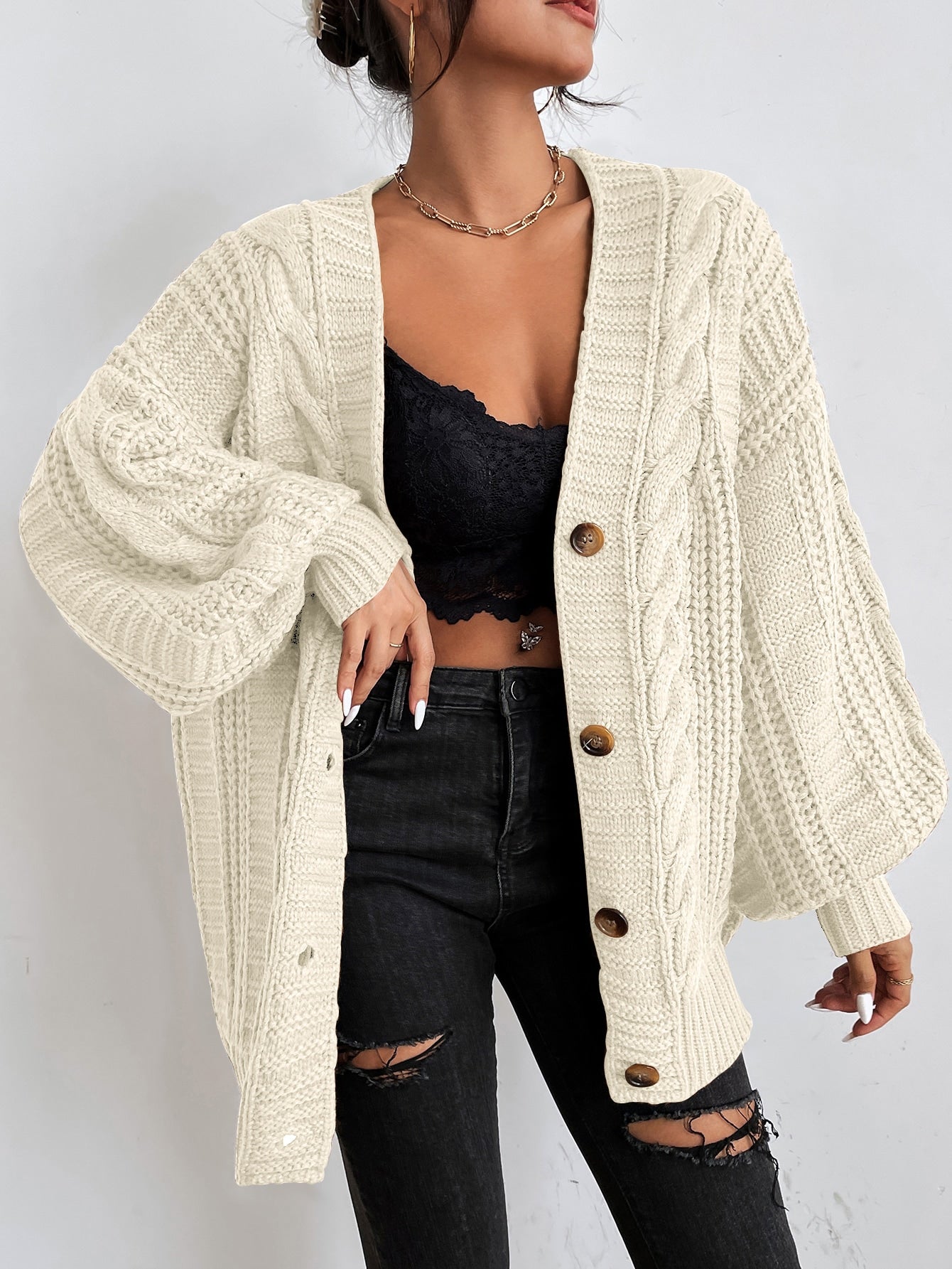 Women's Oversized Cable Knit Cardigan Sweater Brown Acrylic Button Front Long Sleeve — Image 7