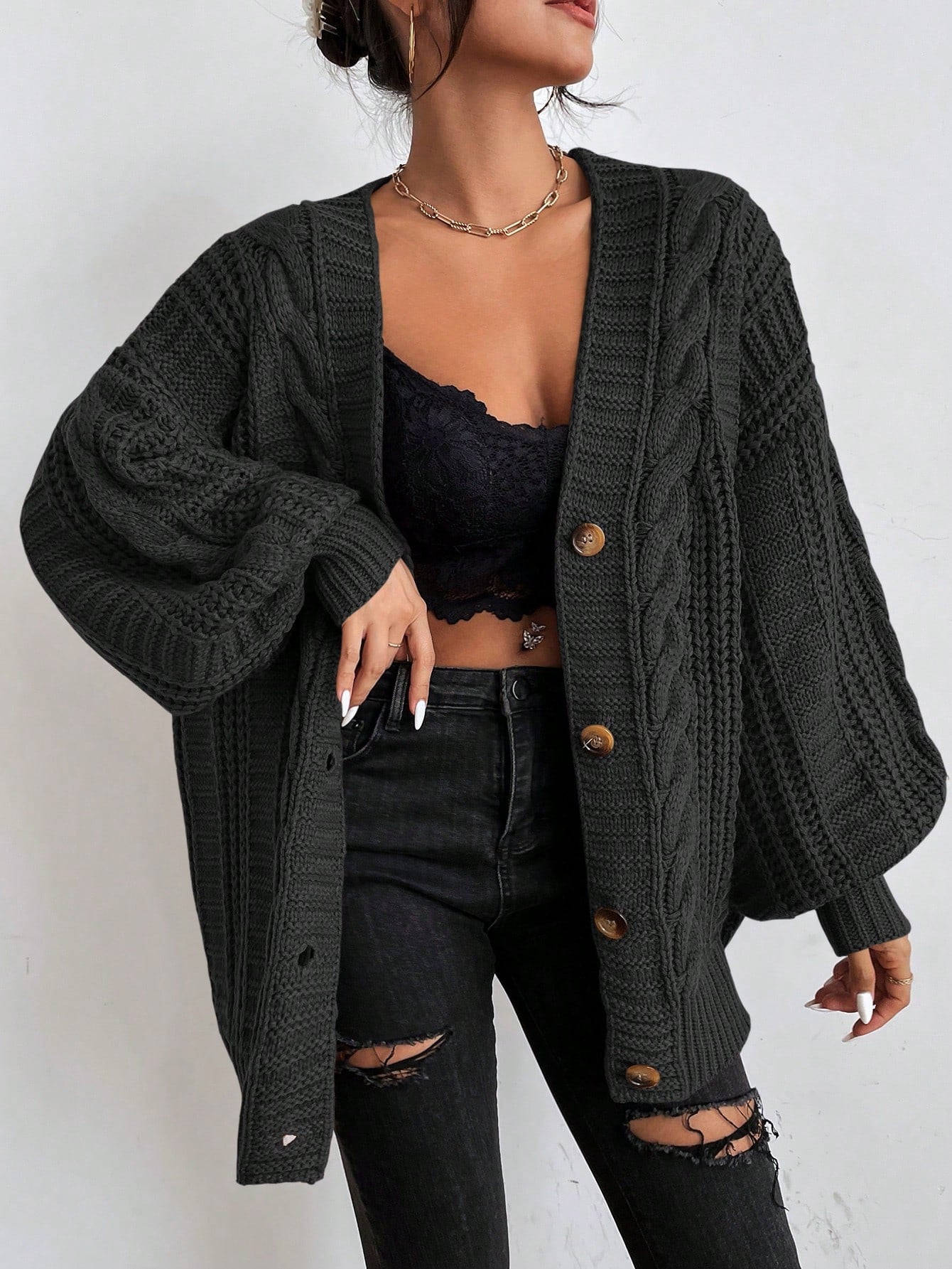 Women's Oversized Cable Knit Cardigan Sweater Brown Acrylic Button Front Long Sleeve — Image 8