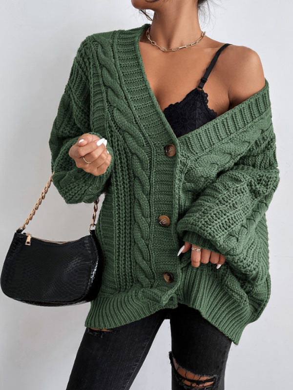 Women's Oversized Cable Knit Cardigan Sweater Brown Acrylic Button Front Long Sleeve — Image 9