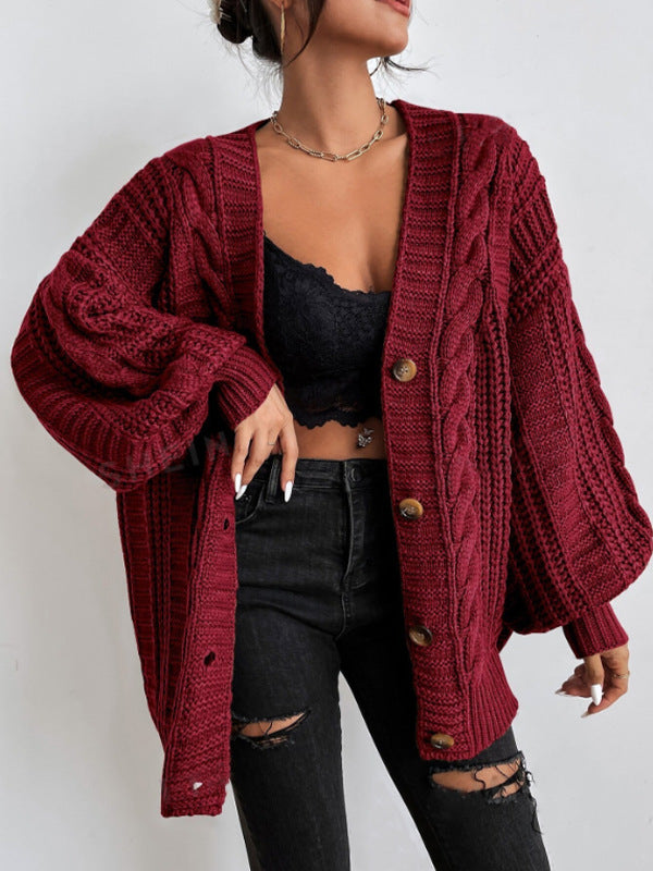 Women's Oversized Cable Knit Cardigan Sweater Brown Acrylic Button Front Long Sleeve — Image 10