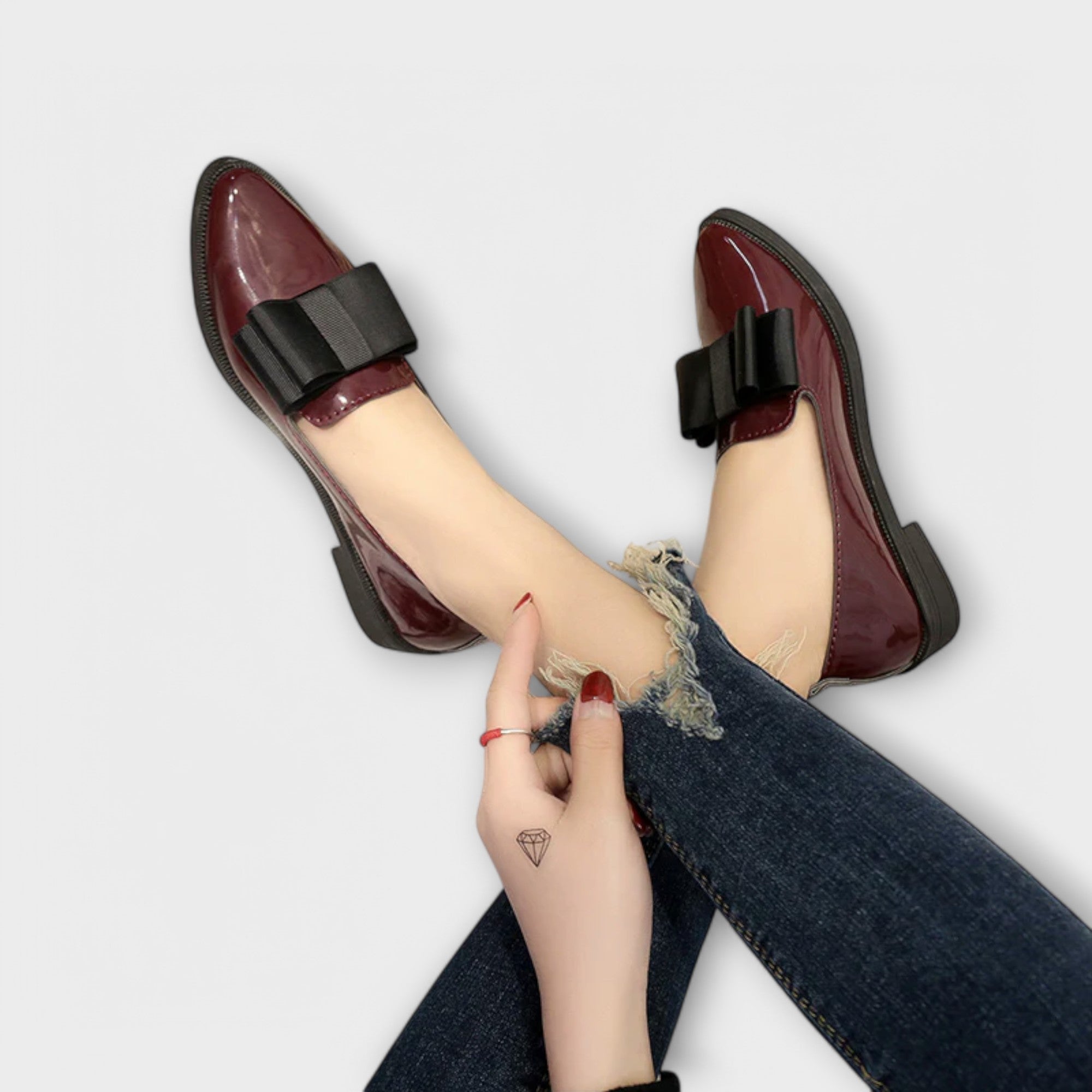 Women's Patent Leather Loafers with Bow in Black and Burgundy — Image 2