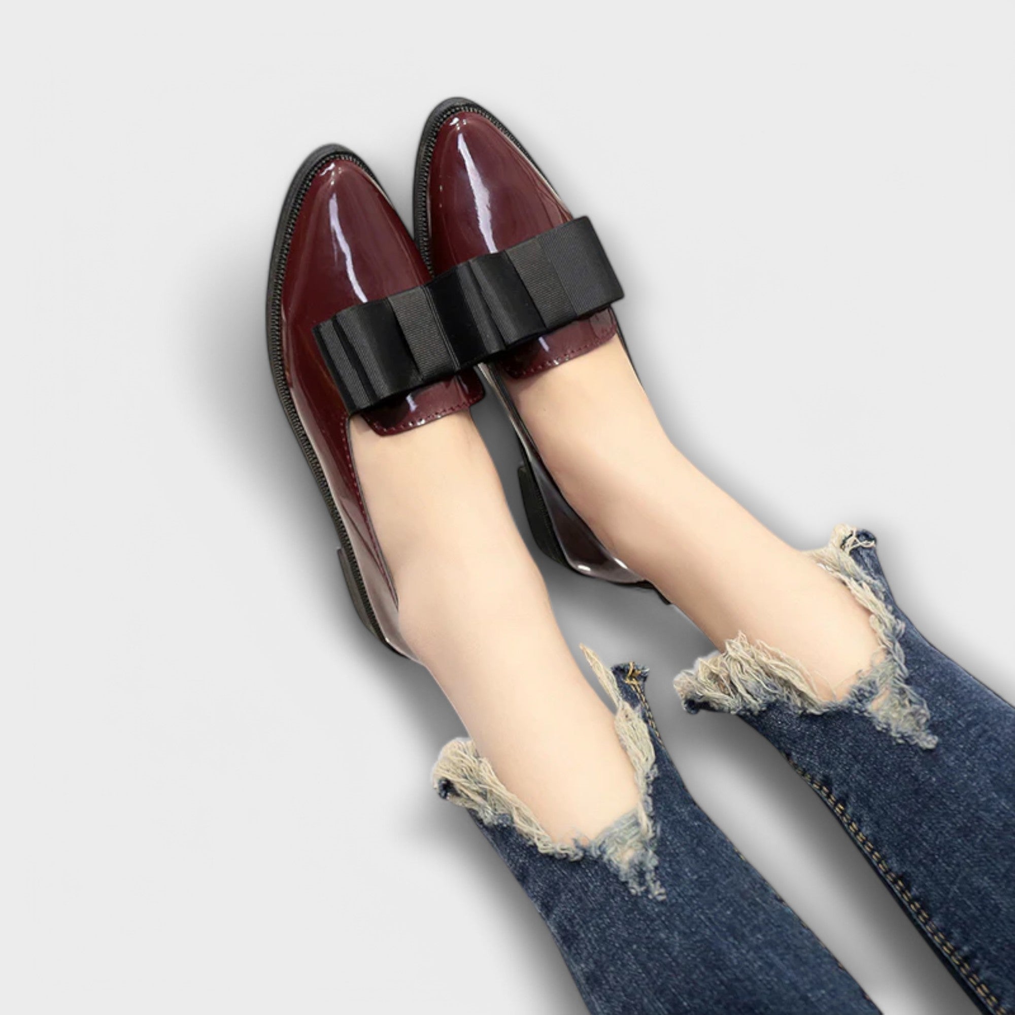 Women's Patent Leather Loafers with Bow in Black and Burgundy — Image 3