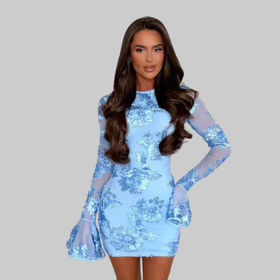 Elegant Floral Lace Mini Dress - Pink, Blue, White - Long Sleeve Women's Fashion — Image 5