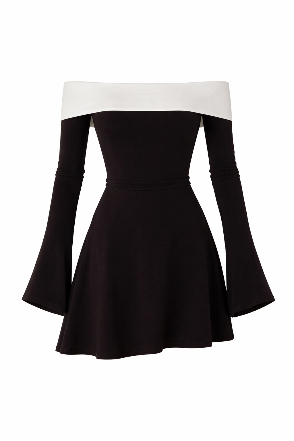 Jesolice Elegance Contrast Off-Shoulder Bell-Sleeve Mini Dress
