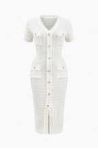 Jesolice Ivory Tweed Button-Front Midi Dress with Fringe Trim