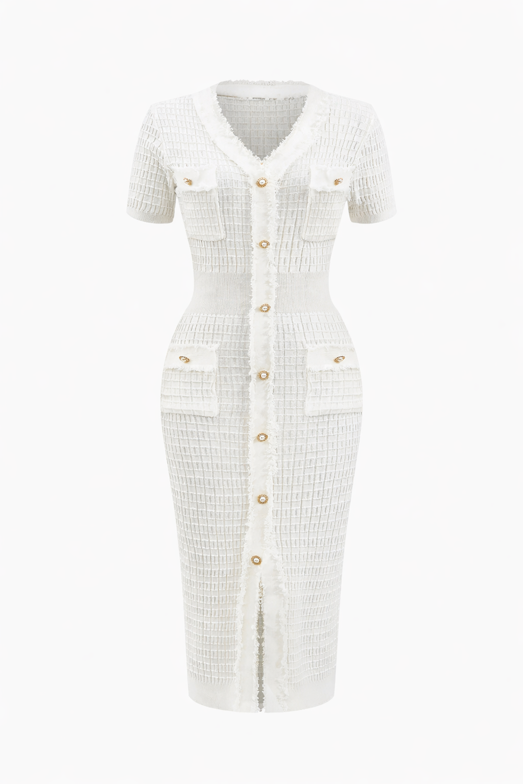 Jesolice Ivory Tweed Button-Front Midi Dress with Fringe Trim