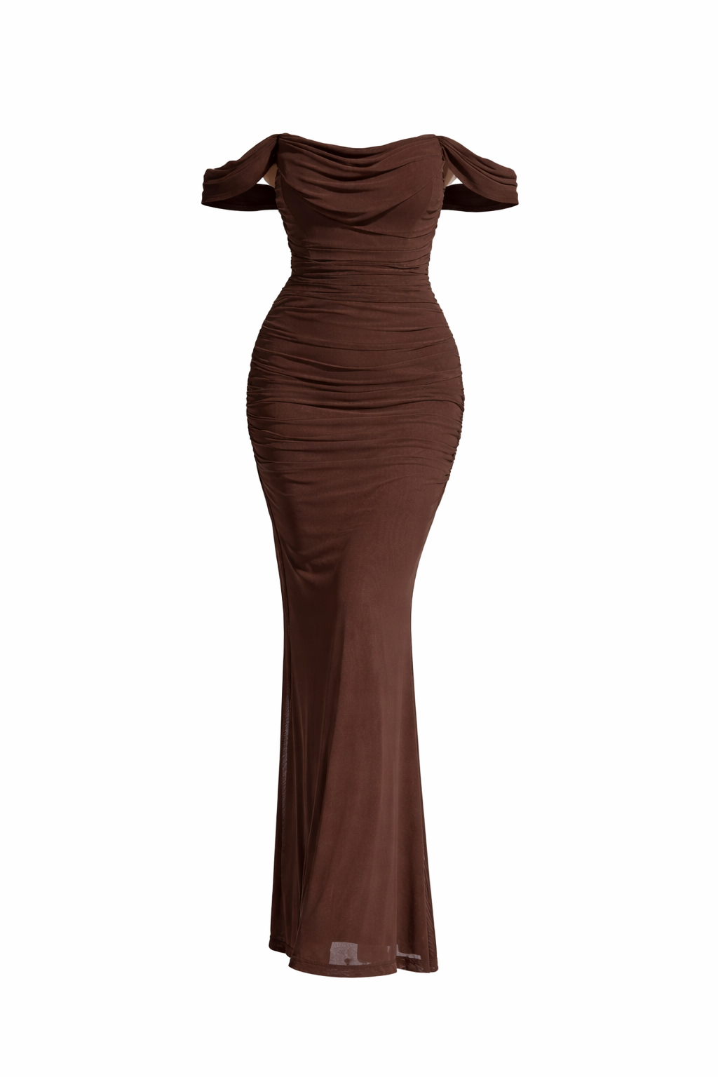 Jesolice Chocolate Off-Shoulder Ruched Bodycon Maxi Dress