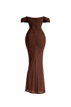 Jesolice Chocolate Off-Shoulder Ruched Bodycon Maxi Dress