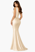 Jesolice Champagne One-Shoulder Satin Sash Maxi Dress
