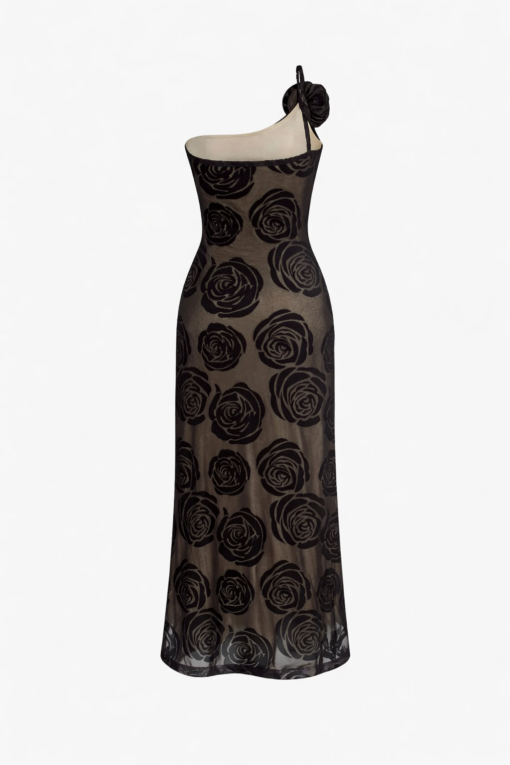 Jesolice Midnight Rose One-Shoulder Sheer Mesh Maxi Dress