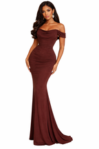 Jesolice Chocolate Off-Shoulder Ruched Bodycon Maxi Dress