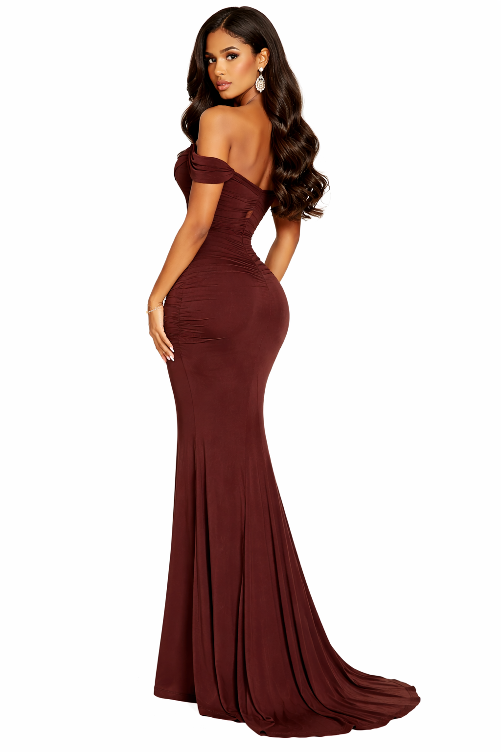 Jesolice Chocolate Off-Shoulder Ruched Bodycon Maxi Dress