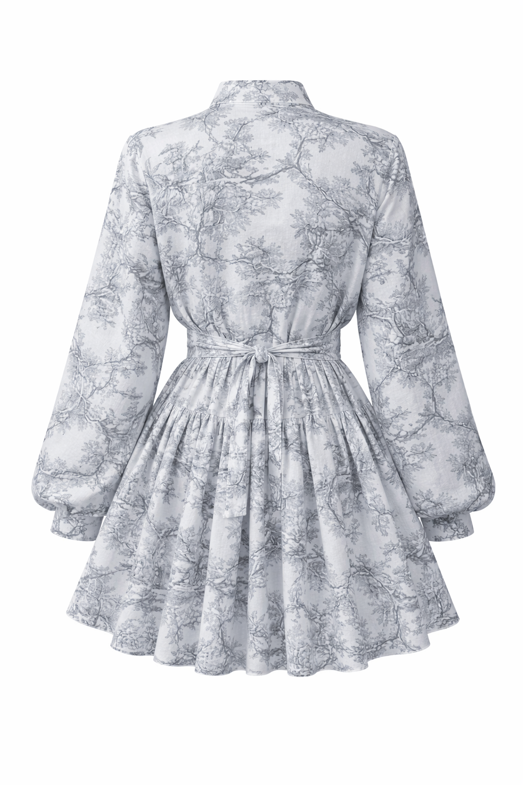 Jesolice Grey Toile Tie-Waist Lantern Sleeve Mini Dress