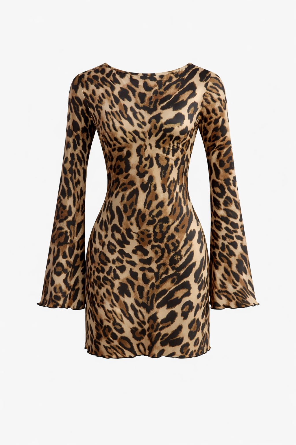 Jesolice Leopard Print Open-Back Bell Sleeve Mini Dress