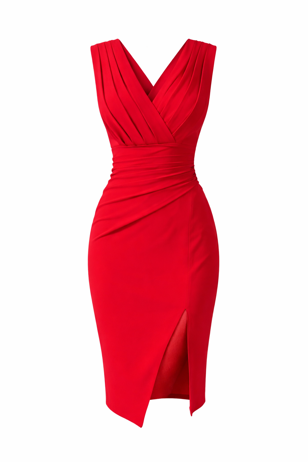 Jesolice Scarlet Ruched V-Neck Midi Dress with Side Slit