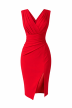 Jesolice Scarlet Ruched V-Neck Midi Dress with Side Slit