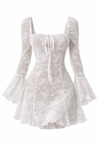 Lace Whisper Tie-Front Flounce Sleeve Mini Dress