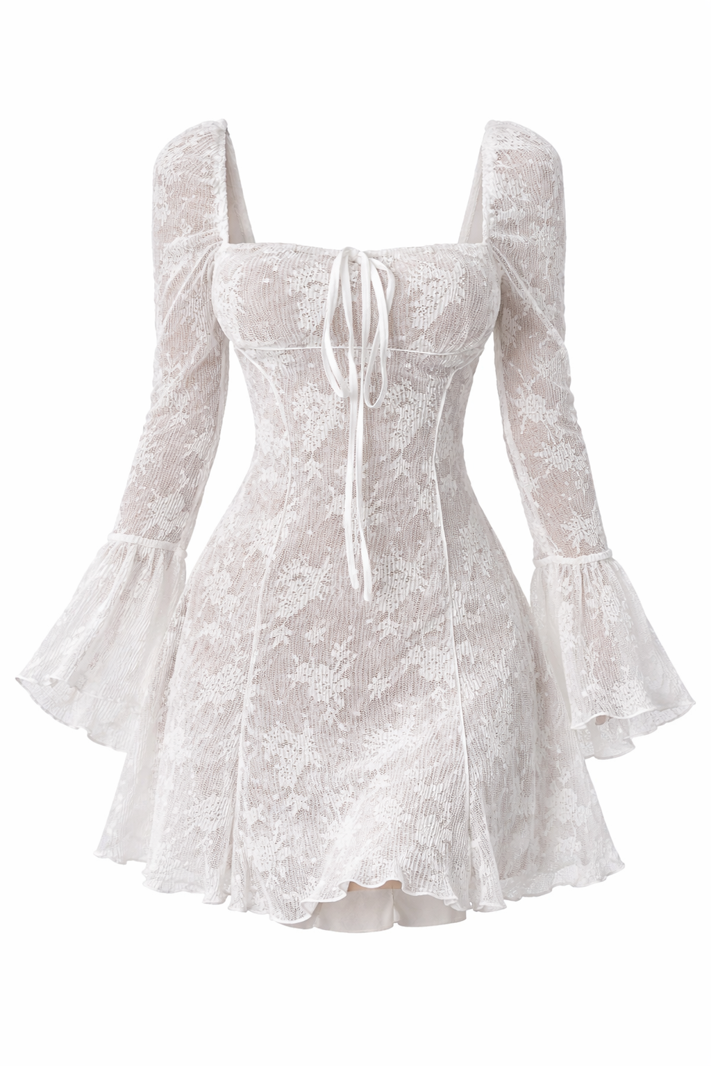 Lace Whisper Tie-Front Flounce Sleeve Mini Dress