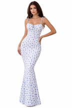 Tie-Shoulder Blue Floral Fishtail Maxi Dress
