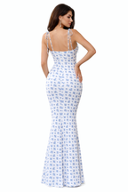 Tie-Shoulder Blue Floral Fishtail Maxi Dress