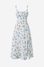 Ruched Bust Blue Floral Lace-Up Back Cami Midi Dress