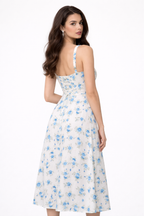 Ruched Bust Blue Floral Lace-Up Back Cami Midi Dress