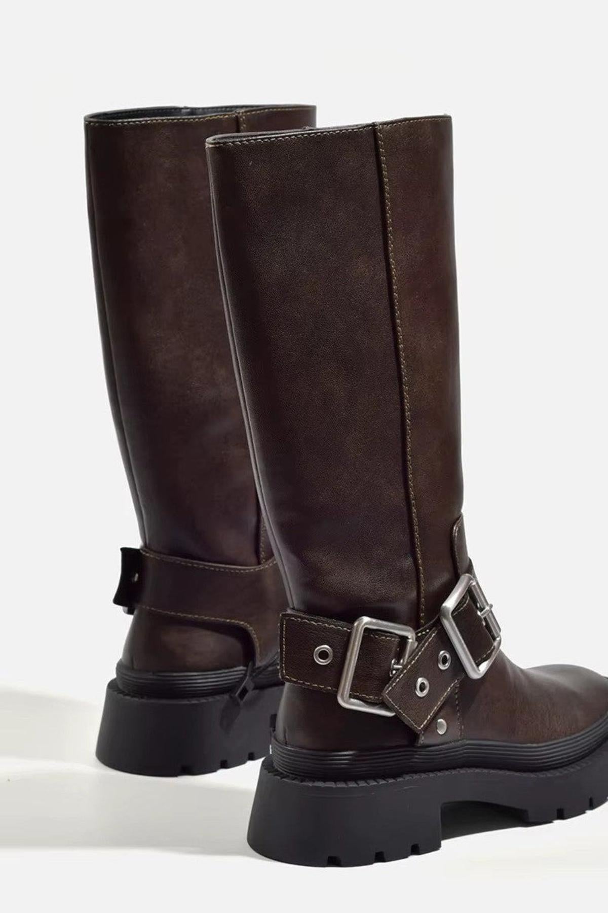 Brown Leather Mid-Calf Boots with Buckle - Durable & Fashionable — Image 2