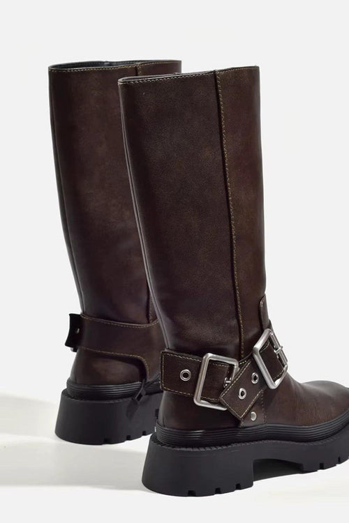 Brown Leather Mid-Calf Boots with Buckle - Durable & Fashionable — Image 2