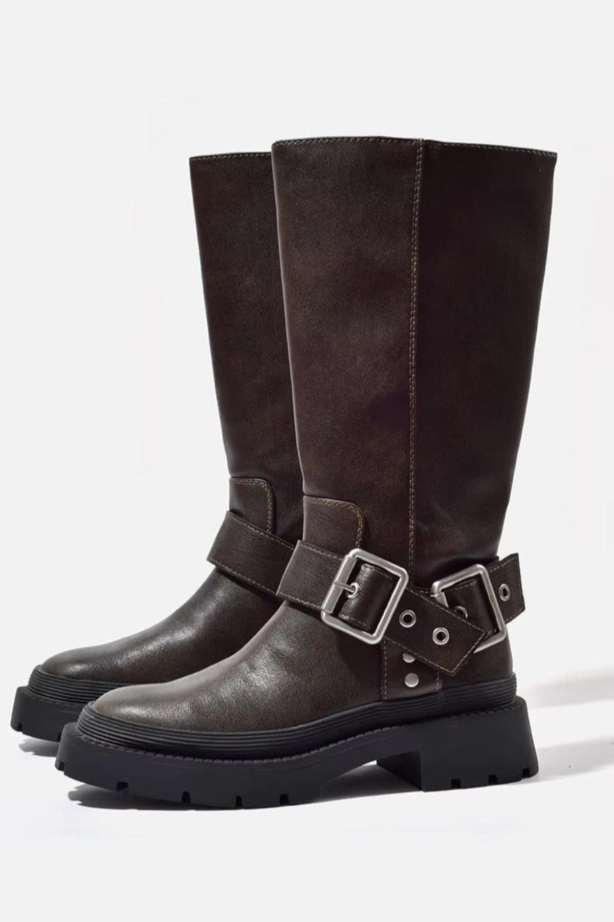 Brown Leather Mid-Calf Boots with Buckle - Durable & Fashionable — Main Image