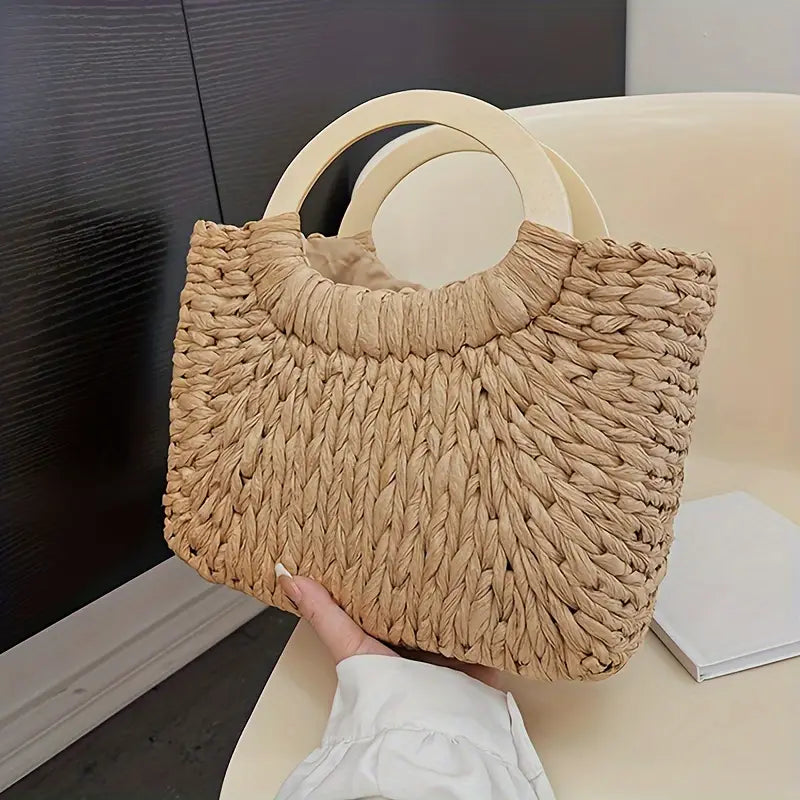 Elegant Woven Straw Handbag with Wooden Handles in Natural Beige, 36cm — Main Image