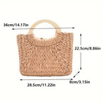 Elegant Woven Straw Handbag with Wooden Handles in Natural Beige, 36cm — Image 3