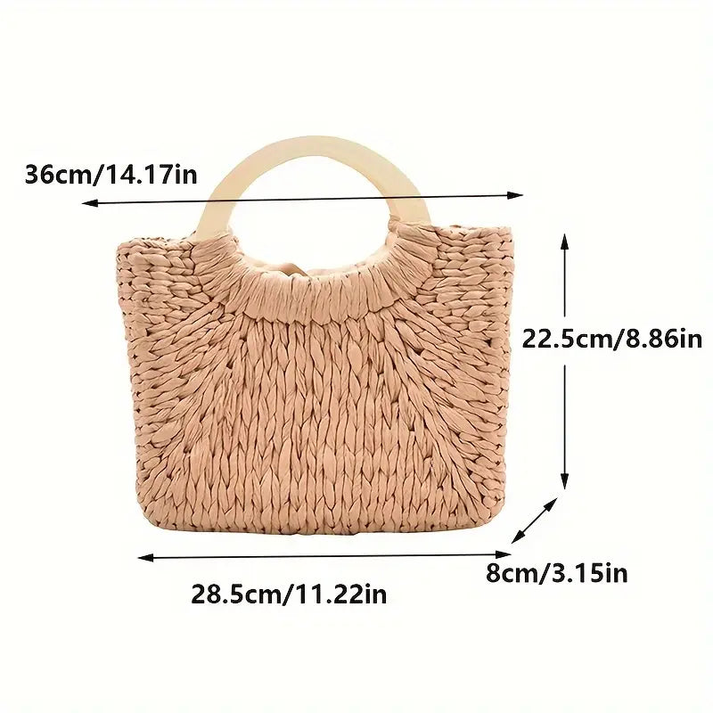 Elegant Woven Straw Handbag with Wooden Handles in Natural Beige, 36cm — Image 3