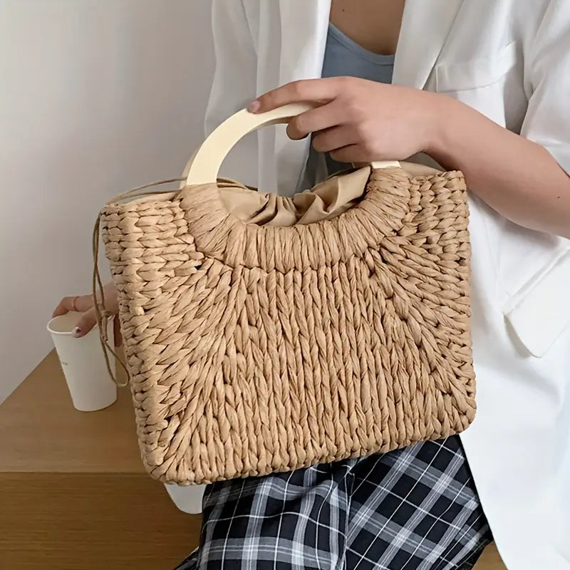 Elegant Woven Straw Handbag with Wooden Handles in Natural Beige, 36cm — Image 2