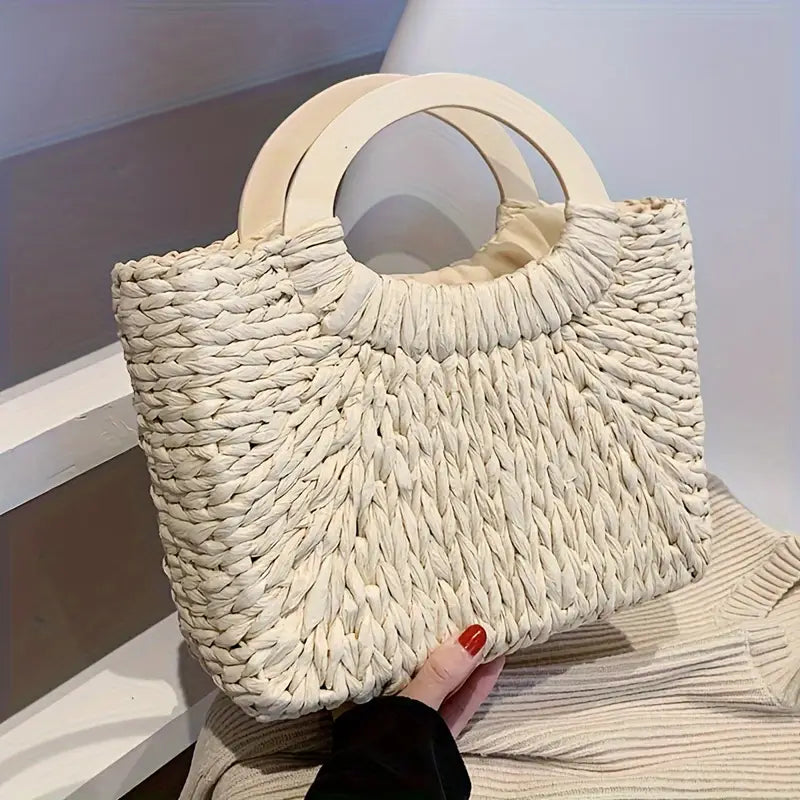 Elegant Woven Straw Handbag with Wooden Handles in Natural Beige, 36cm — Image 4