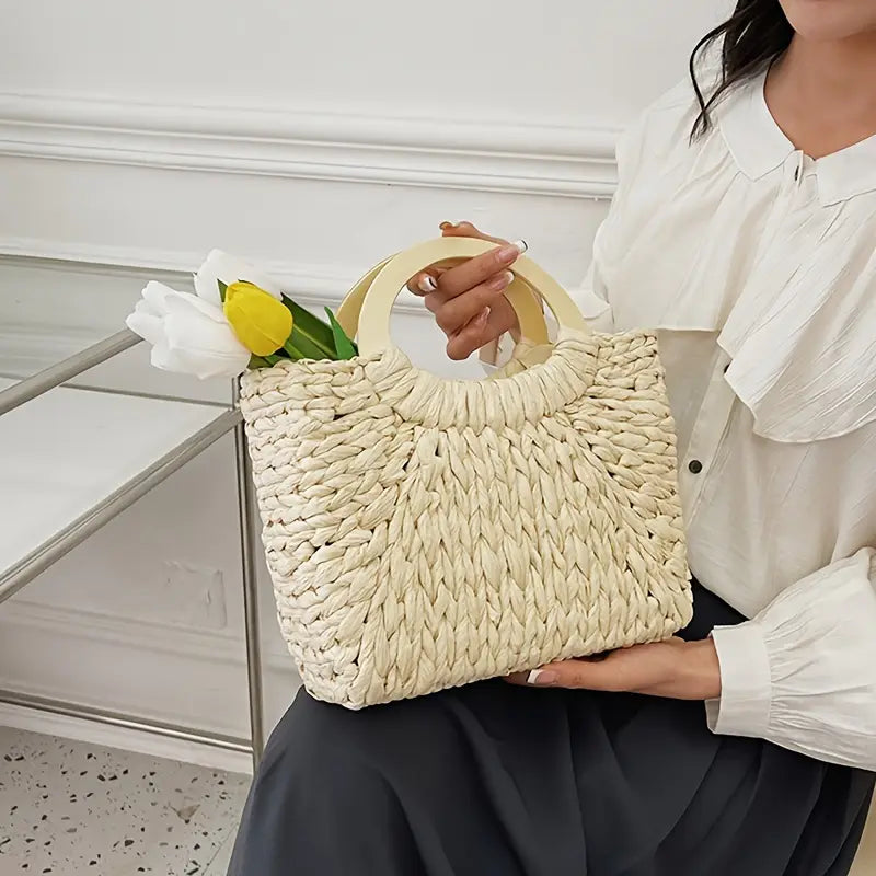 Elegant Woven Straw Handbag with Wooden Handles in Natural Beige, 36cm — Image 5