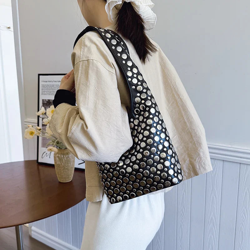 Elegant Studded Shoulder Bag for Women in Black PU Leather with Metallic Studs — Image 3