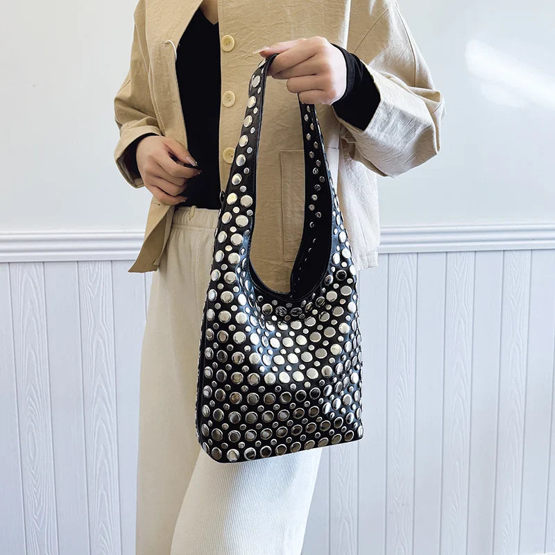 Elegant Studded Shoulder Bag for Women in Black PU Leather with Metallic Studs — Image 4