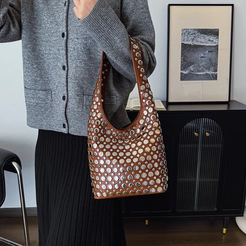Elegant Studded Shoulder Bag for Women in Black PU Leather with Metallic Studs — Image 16