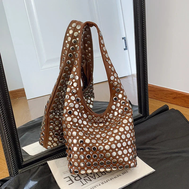 Elegant Studded Shoulder Bag for Women in Black PU Leather with Metallic Studs — Image 17