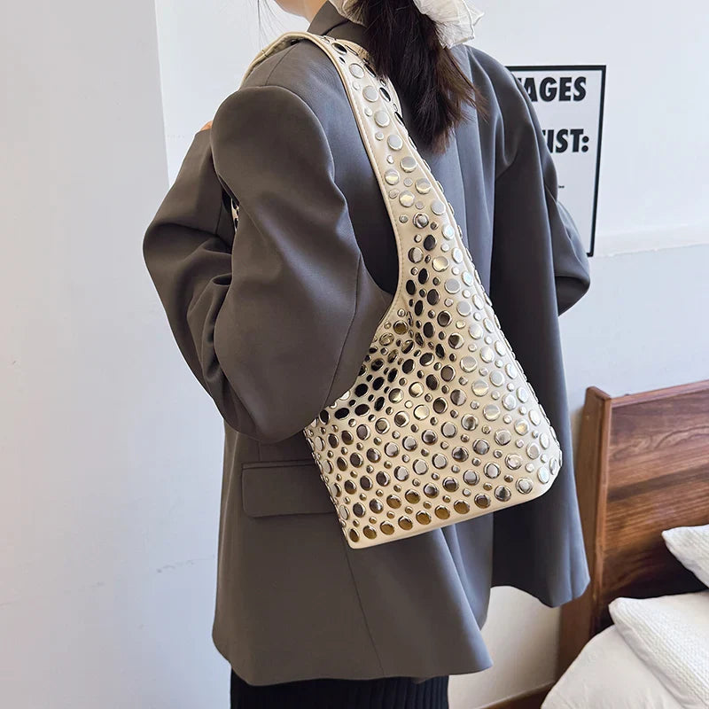 Elegant Studded Shoulder Bag for Women in Black PU Leather with Metallic Studs — Image 23