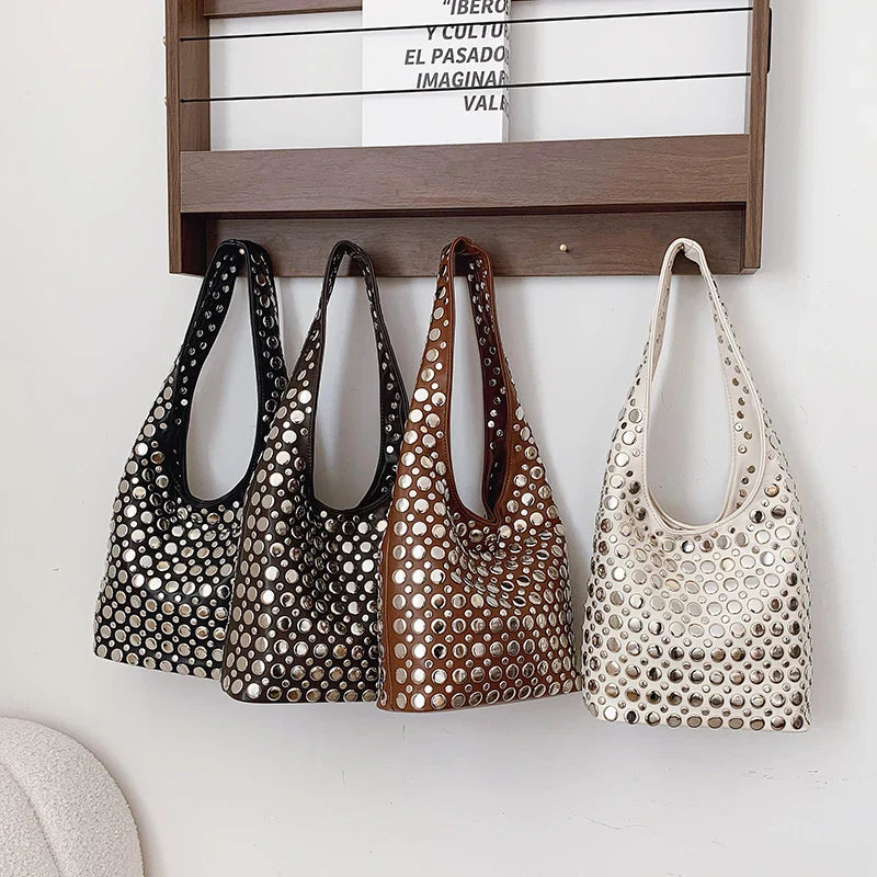Elegant Studded Shoulder Bag for Women in Black PU Leather with Metallic Studs — Image 27