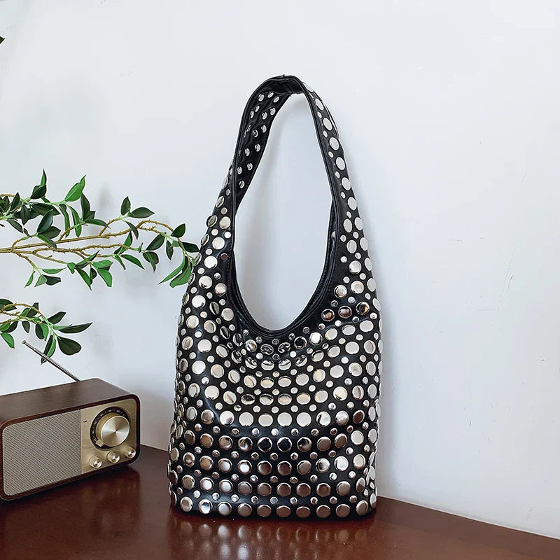 Elegant Studded Shoulder Bag for Women in Black PU Leather with Metallic Studs — Image 12