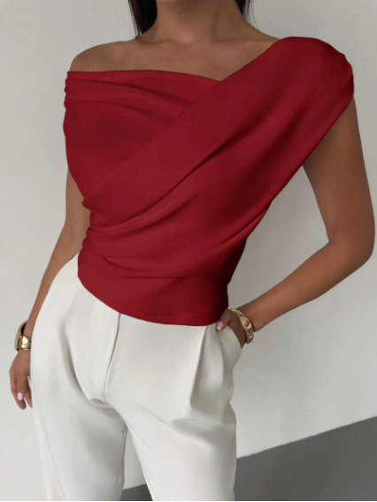 Stylish Women's Off-Shoulder Draped Top in White, Black, Red - Polyester Blend — Image 14