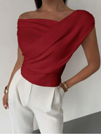 Stylish Women's Off-Shoulder Draped Top in White, Black, Red - Polyester Blend — Image 14