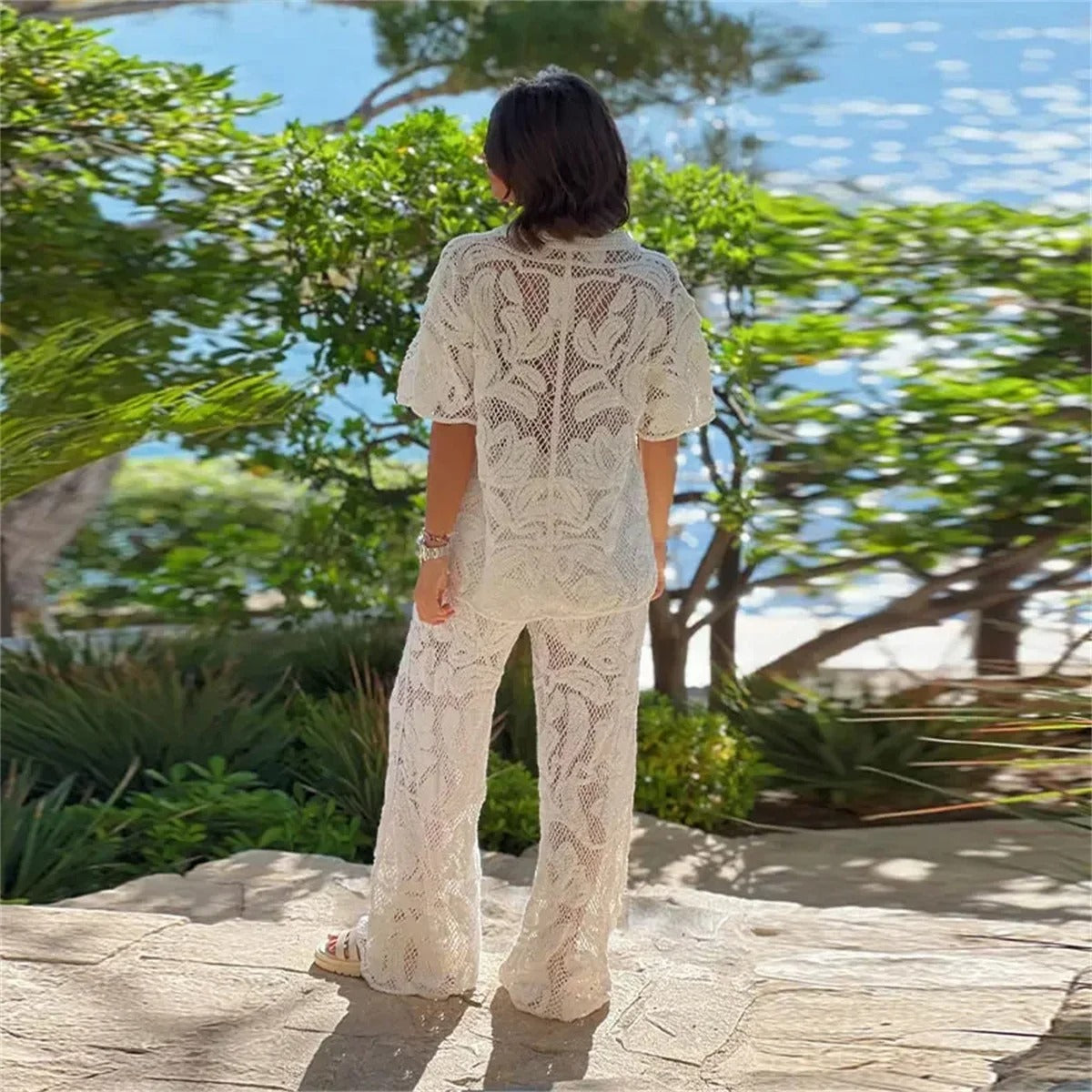 Elegant White Lace Two-Piece Set Women's Summer Beachwear Outfit — Image 2