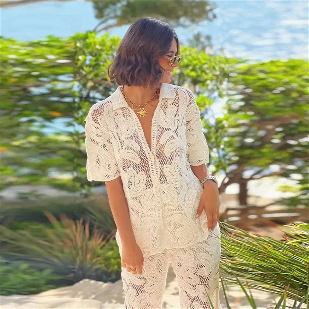 Elegant White Lace Two-Piece Set Women's Summer Beachwear Outfit — Image 3