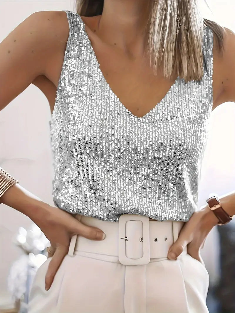 Elegant Sequin Sleeveless V-Neck Top for Women - Gold, Silver, Pink, Black — Image 15