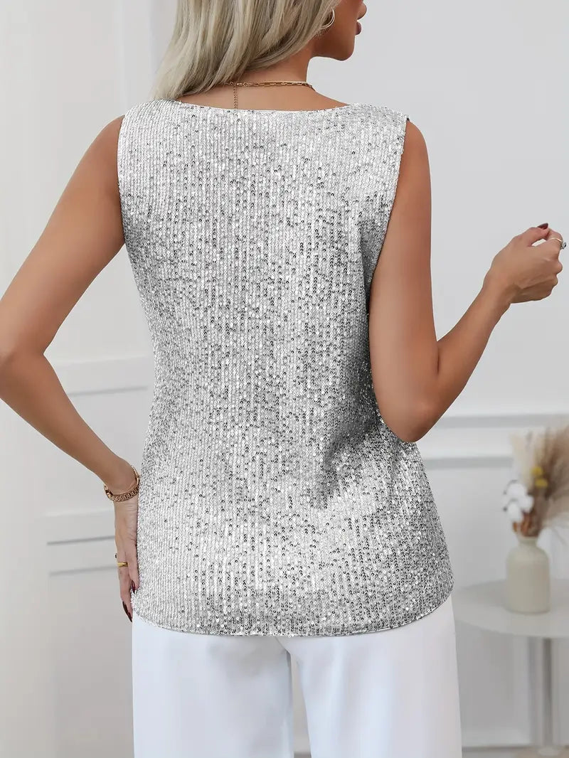 Elegant Sequin Sleeveless V-Neck Top for Women - Gold, Silver, Pink, Black — Image 17